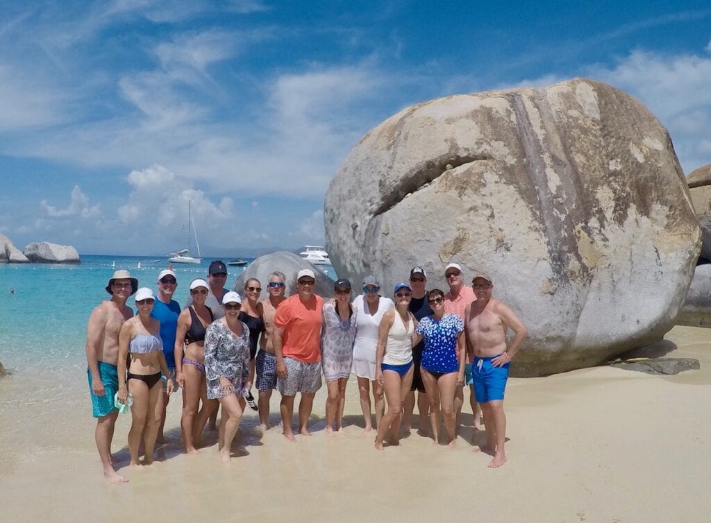 16 Adults at The Bath's In Virgin Gorda enjoying their charter aboard Southern Comfort and Bluewinds both catamarans are available for all inclusive, crewed yacht charter in the BVI'S.
