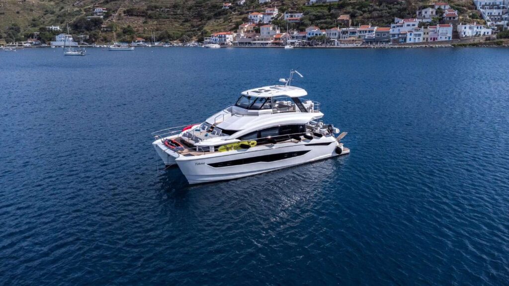 Tiamo, A award winning 8 passenger 54' Aquila powercat available for crewed yacht charter in The Saronic or Cyclades Islands by Wlms Yacht Charters