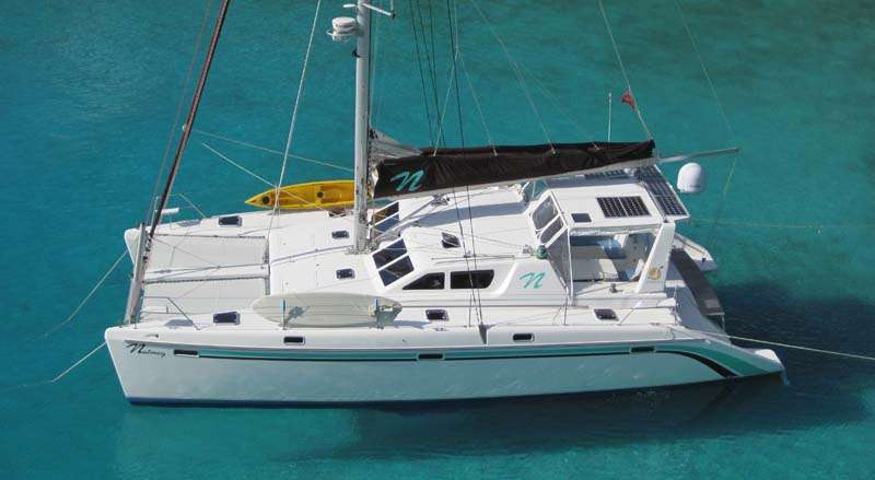 Nutmeg at anchor. A 8 passenger 50' St Francis Catamaran available for all inclusive crewed yacht charter in the BVI'S.