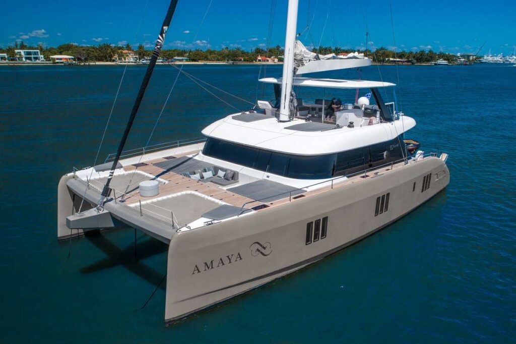 Amaya: A 2019 Sunreef 60 that comfortably sleeps 8 is available for all inclusive, crewed yacht charter in the BVI'S.