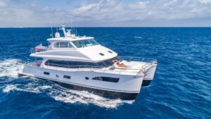 Mucho Gusto, A Horizon Powercat 65 underway. Currently available for all inclusive yacht charter in the BVI.