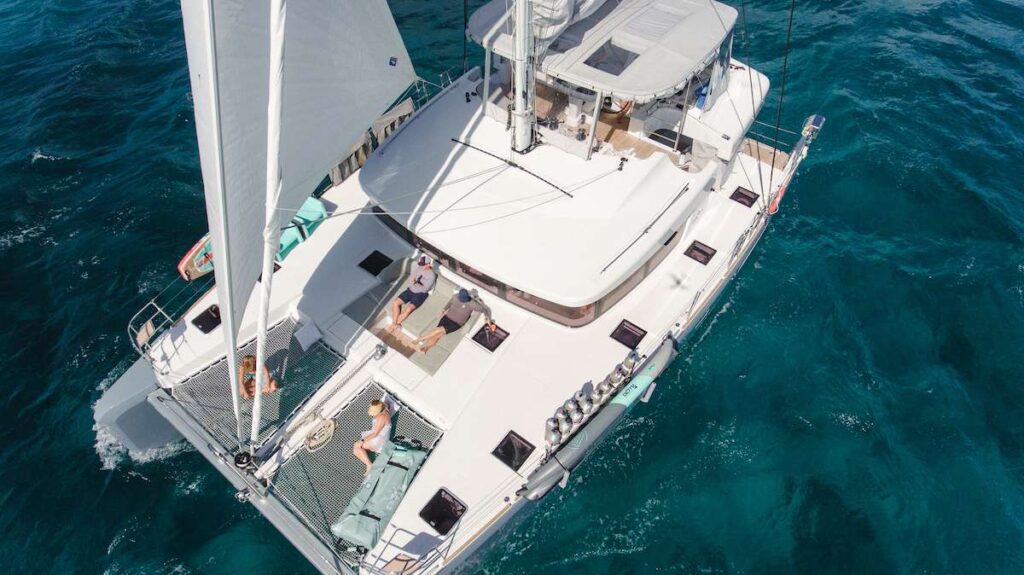 Liquid Zen, A Lagoon 52 underway in The BVI. Available for crewed luxury yacht charter in The BVI