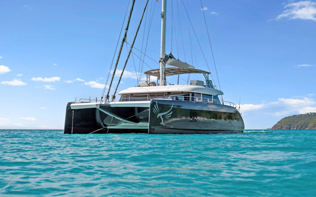 Front Of Gyrfalcon, a 10 passenger Sunreef 60 at anchor in The BVI