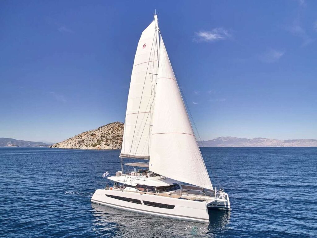 Encore, a 2025 FP 67' that sleeps 10 passengers underway and is available for all inclusive crewed yacht charters by wlms yacht charters