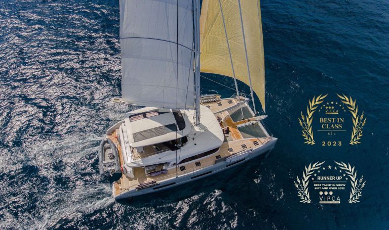 Xandros catamaran underway is available for all inclusive private yacht charter in the BVI