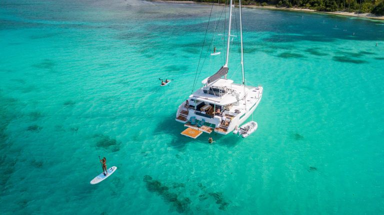 Karma catamaran at anchor available for all inclusive crewed yacht charter in the BVI