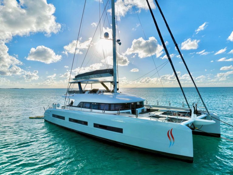 Twin Flame Lagoon 77 catamaran at anchor in the BVI