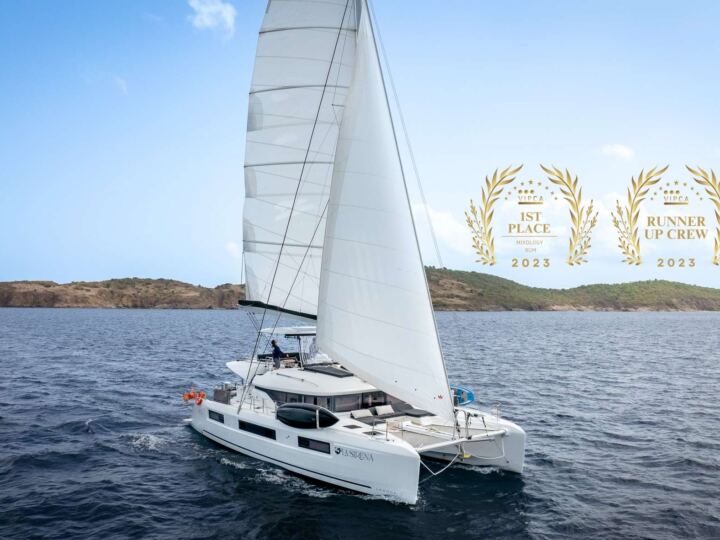 La Sirena catamaran underway, available for crewed yacht charter in the BVI