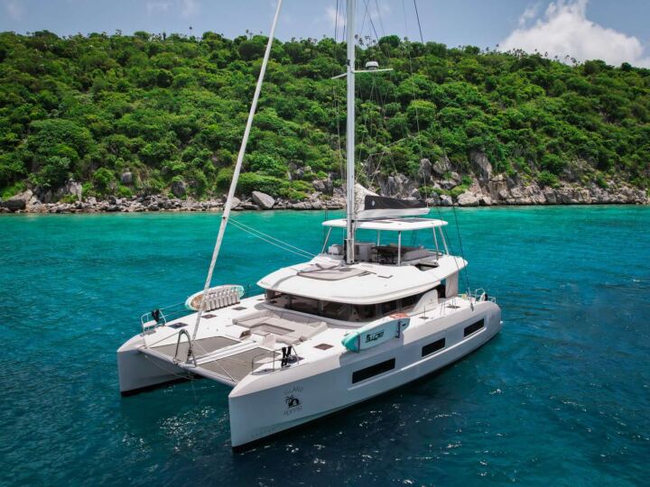 Island Hoppin' 55 catamaran at anchor available for private crewed yacht charter in the BVI